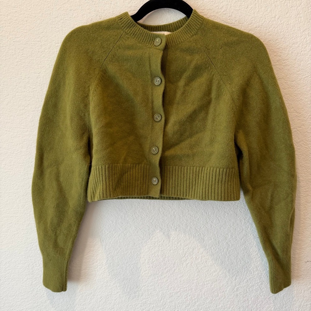 COS Olive Green 100% Wool Cropped Cardigan Sweater Womens XS Raglan Sleeve